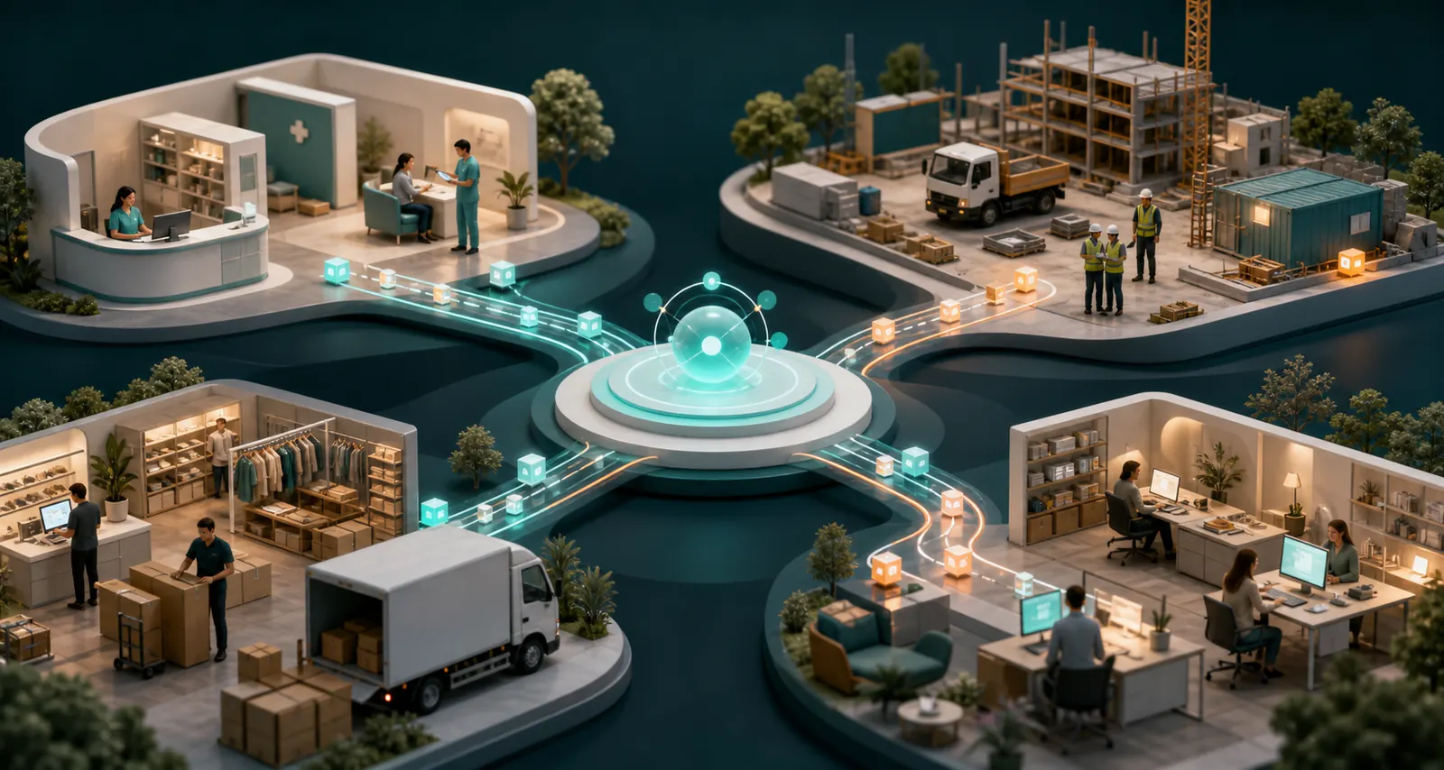 Healthcare, construction, retail and logistics, and professional services workflows connecting through one calm automation system while people remain involved.